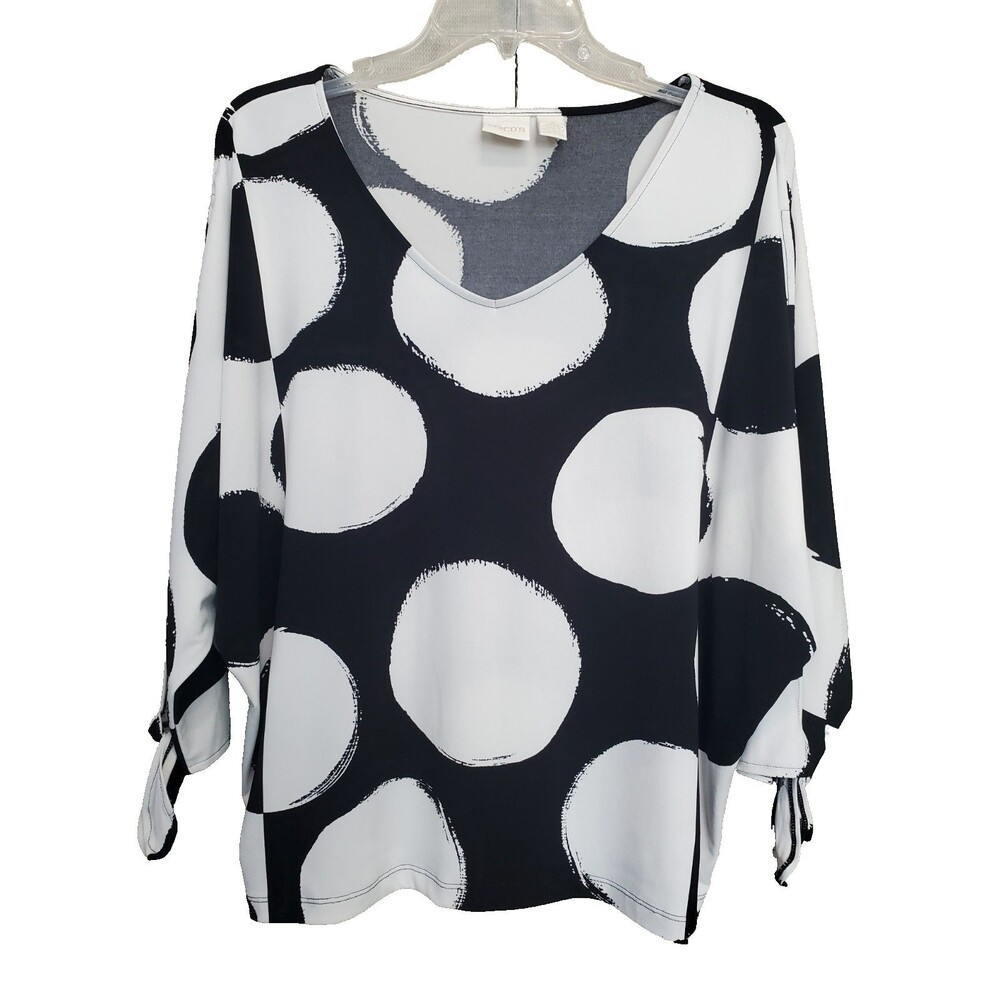 Chico's Artistic Dots V-Neck Slit-Tie-Sleeve Stretchy Blouse Size 2 Large
